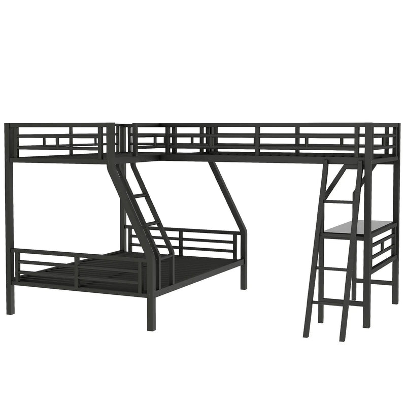 Twin Over Full Bunk Bed With Loft And Desk, L-Shaped Design For 3 Sleepers - Black by HouseOfZazla