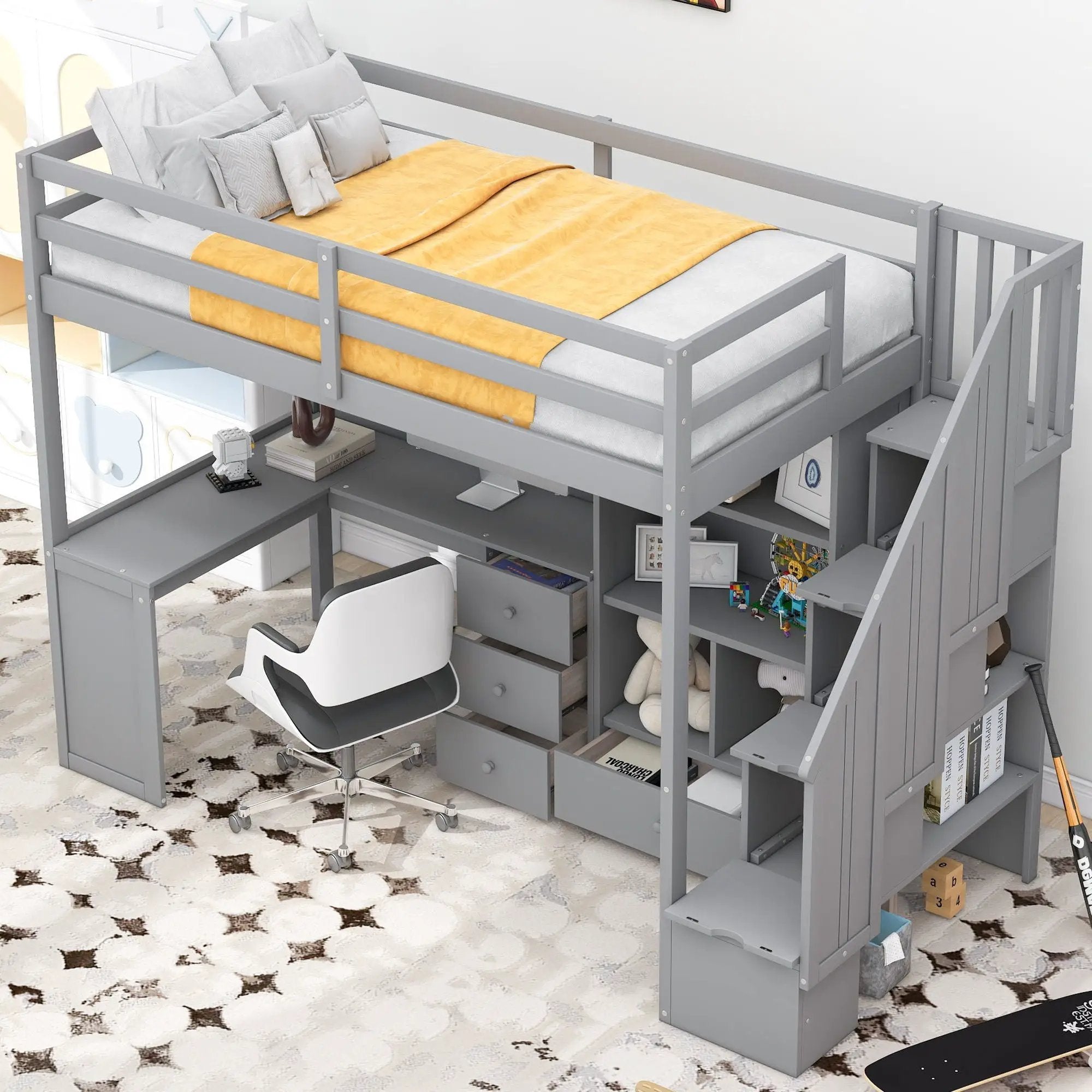 Loft Bed With L Shaped Desk, Drawers, Cabinet, And Storage Staircase by Unique Piece Furniture