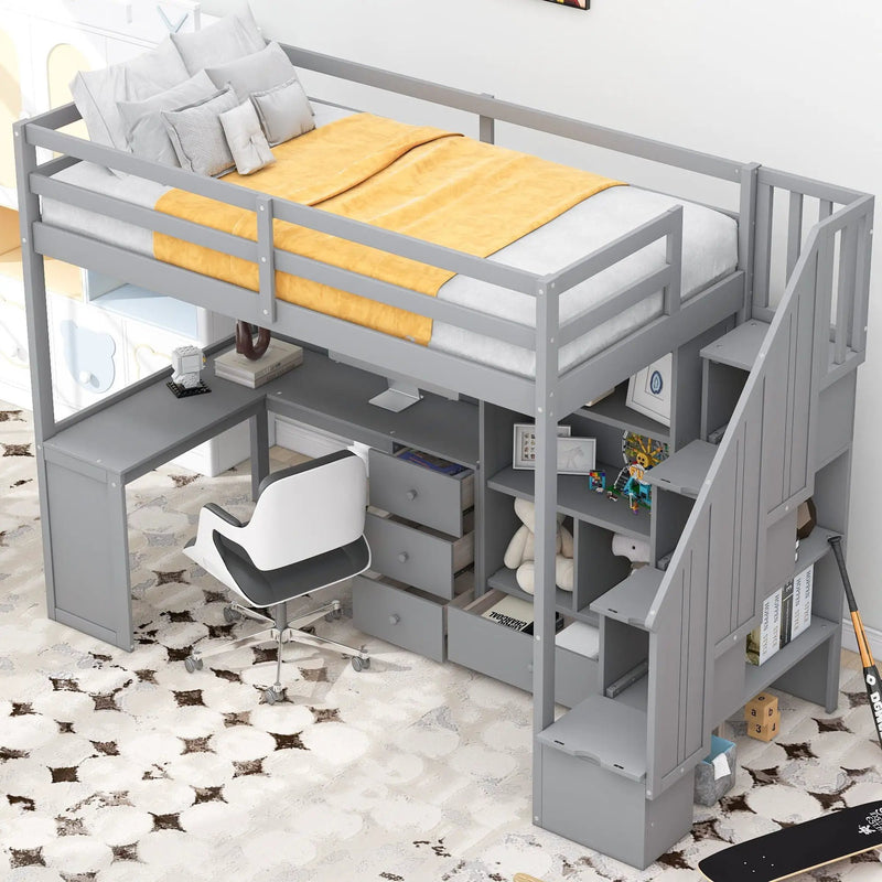 Loft Bed With L Shaped Desk, Drawers, Cabinet, And Storage Staircase by Unique Piece Furniture