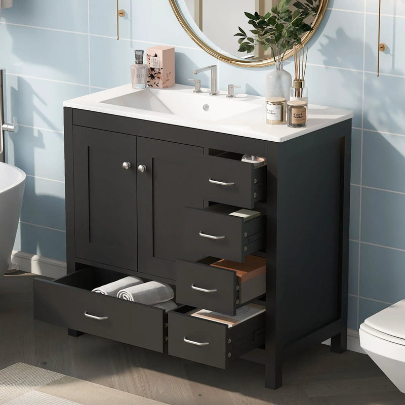 Bathroom Vanity With Ceramic Sink Combo, Abundant Storage Cabinet 2 Soft Close Doors And 5 Drawers by HouseOfZazla