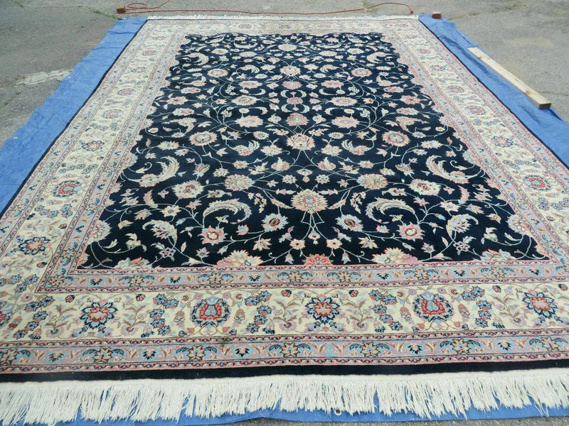 Large Indo Persian Rug 10x14, Wool Hand-Knotted Carpet, Navy Blue Ivory by Jewel Rugs