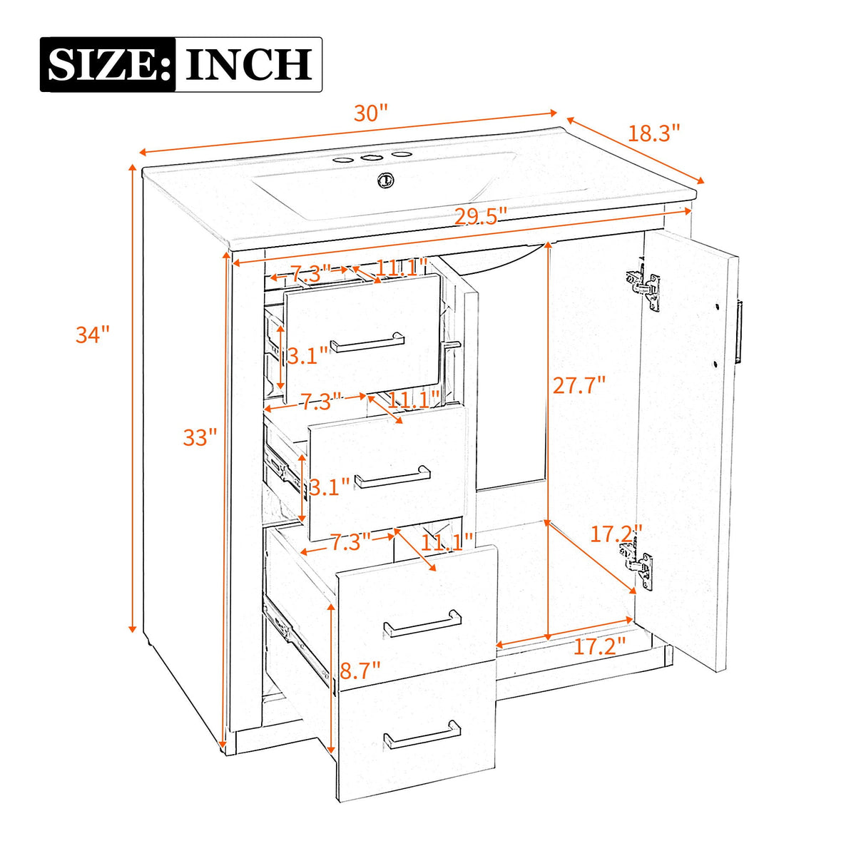 Ceramic Sink Combo, Freestanding Vanity Set With 3 Drawers & Soft Closing Doors, photo 31 of 35