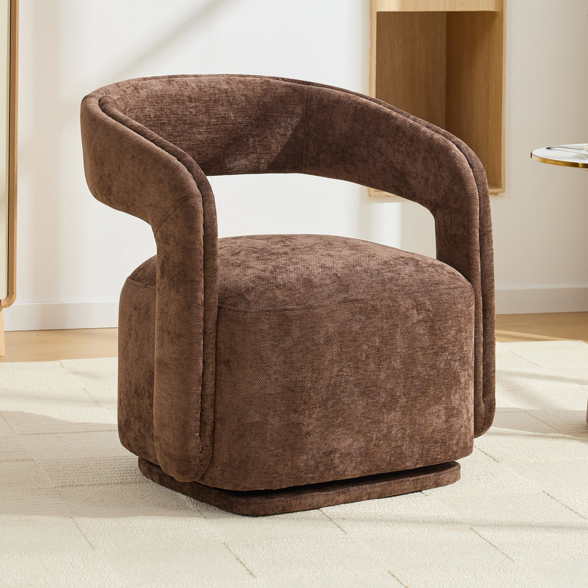 065-Chenille Fabric Swivel Accent Armchair, Comfy Barrel Leisure Chair With Curved Backrest, Upholstered Reading Chair With