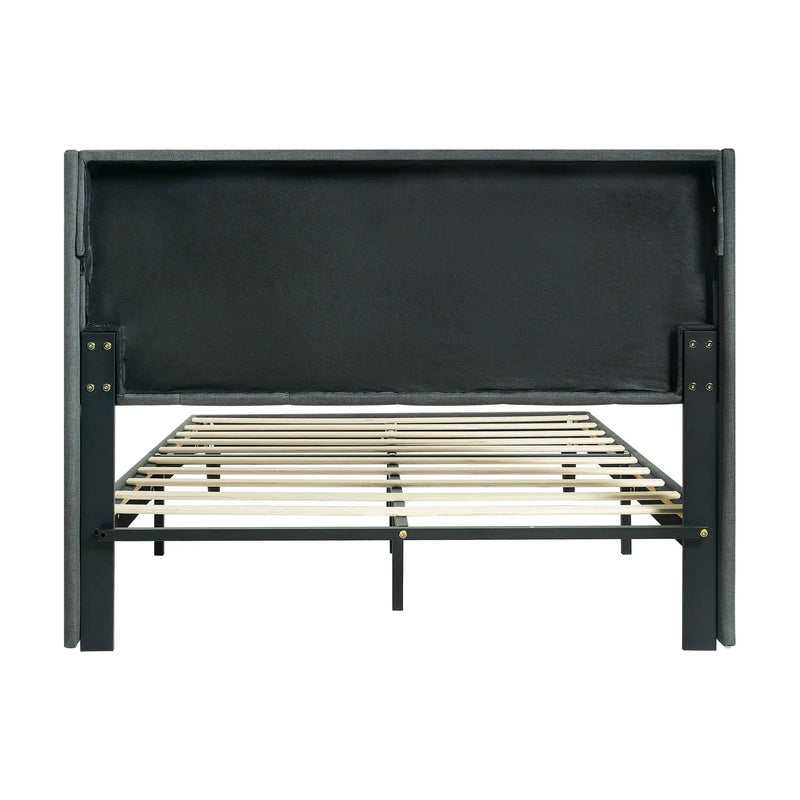Queen Size Upholstered Platform Bed Frame With Button Tufted Linen Fabric Headboard - Dark Gray by Unique Piece Furniture