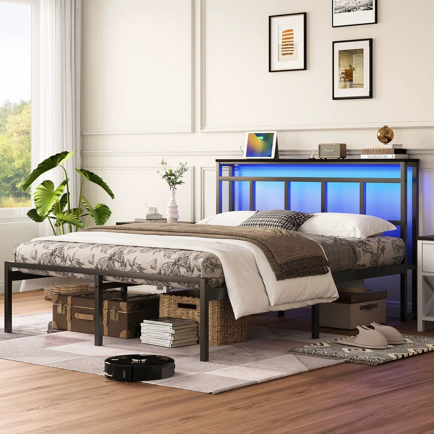 Bed Frame With Storage Headboard With USB C, Type C And LED Light by HouseOfZazla