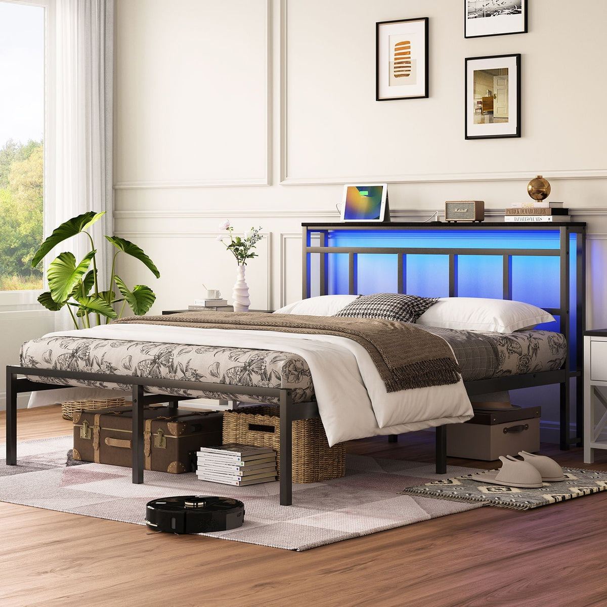 Bed Frame with Storage Headboard, USB C and LED Light - Black, photo 4 of 4