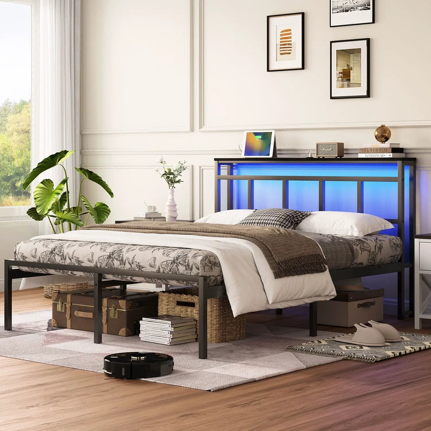 Bed Frame With Storage Headboard With USB C, Type C And LED Light by Unique Piece Furniture