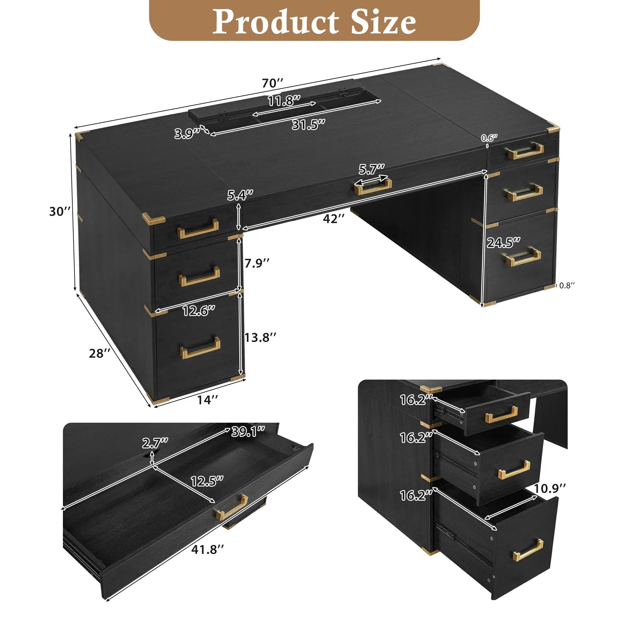 70" Extra-Large Classic and Traditional Executive Desk with Metal Edge Trim by HouseOfZazla