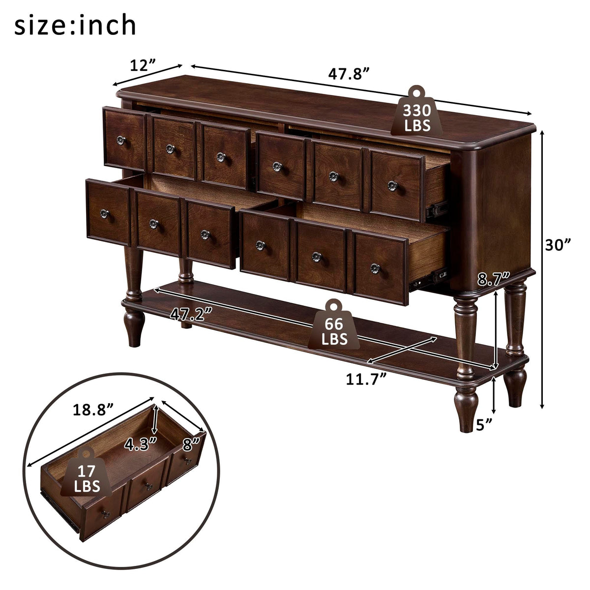 Vintage Console Table with Solid Wood Legs and 4 Storage Drawers - Espresso, photo 4 of 10