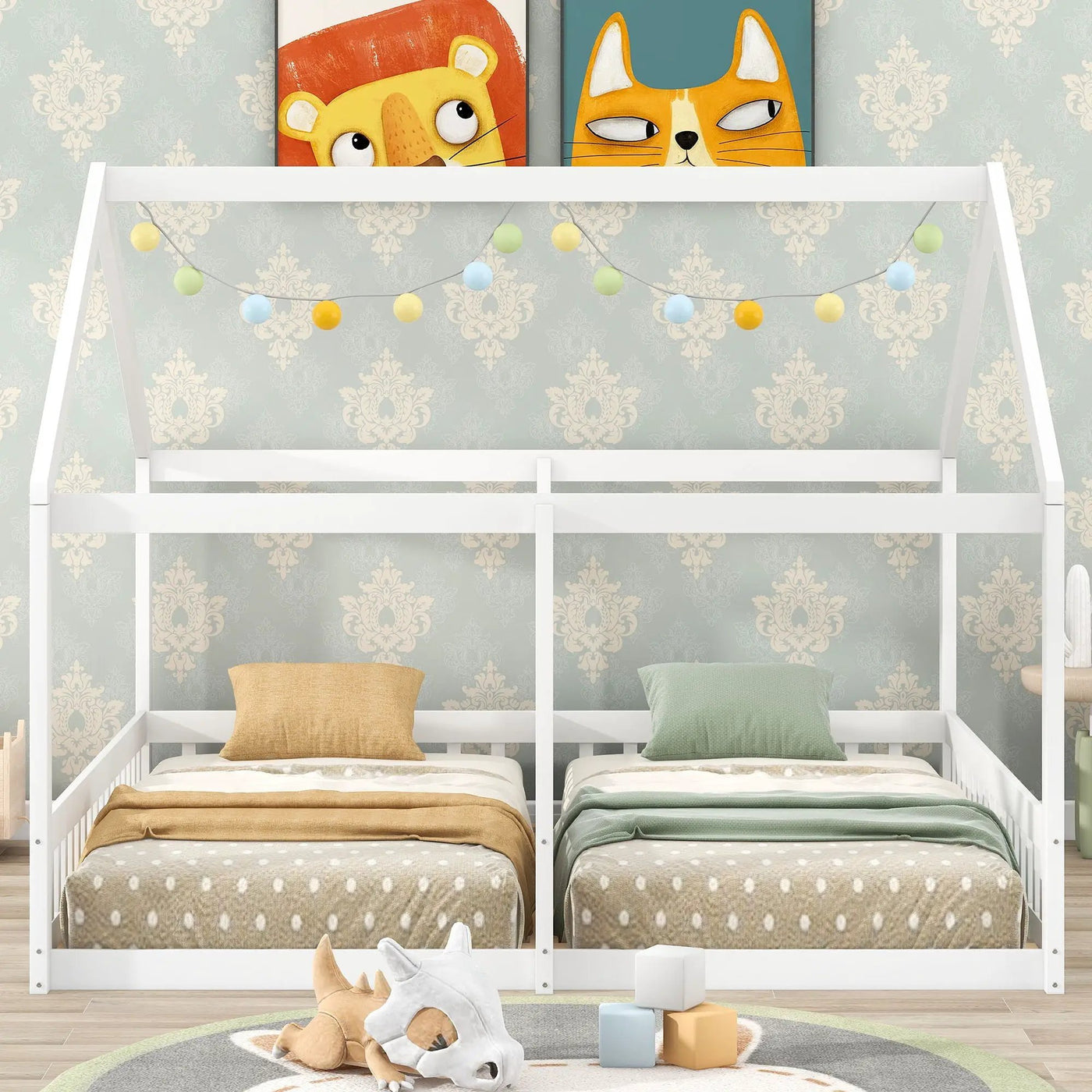 House Platform Beds, 2 Shared Beds, Metal Frame With Guardrails by HouseOfZazla