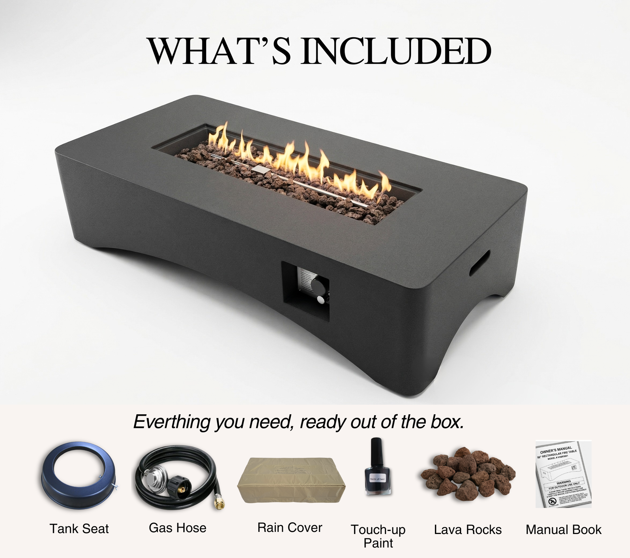 56" Propane Fire Pit Table, Rectangular Outdoor Gas Fire Pit by HouseOfZazla