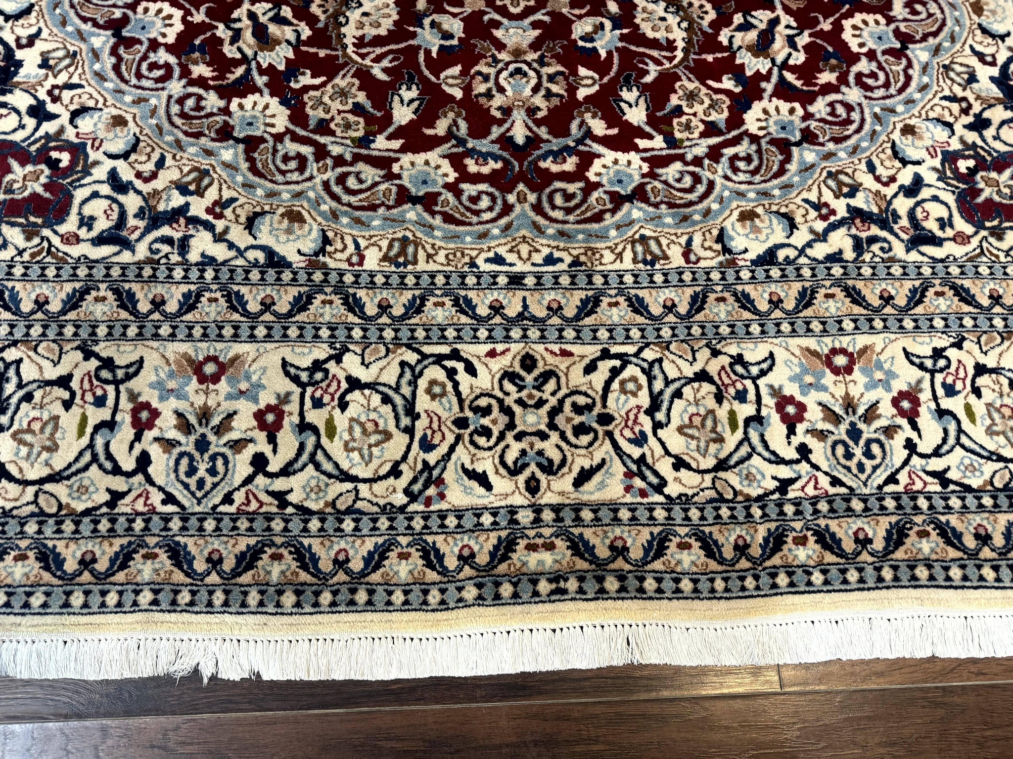 Persian Nain Rug 8x11, Wool and Silk Highlights, Burgundy & Ivory by Jewel Rugs
