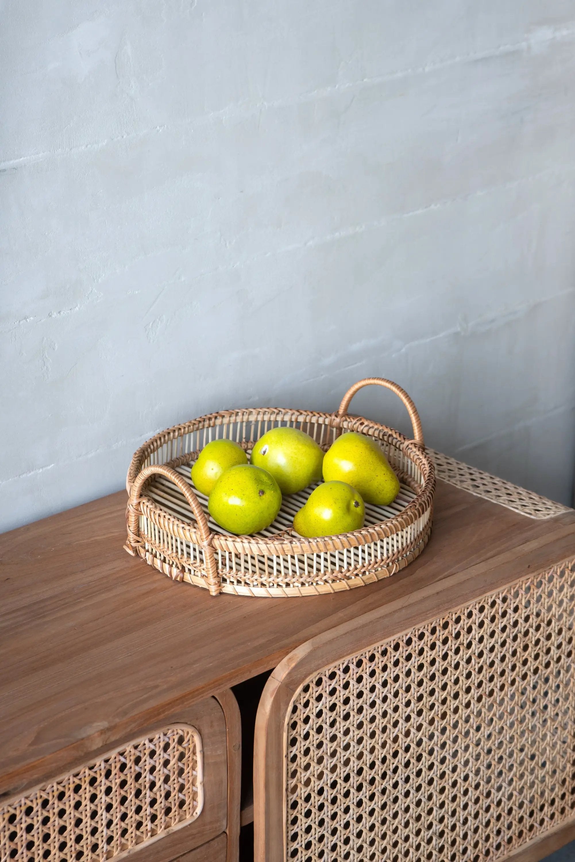 Set of 3 Round Decorative Brown Bamboo Woven Trays with Handles by HouseOfZazla