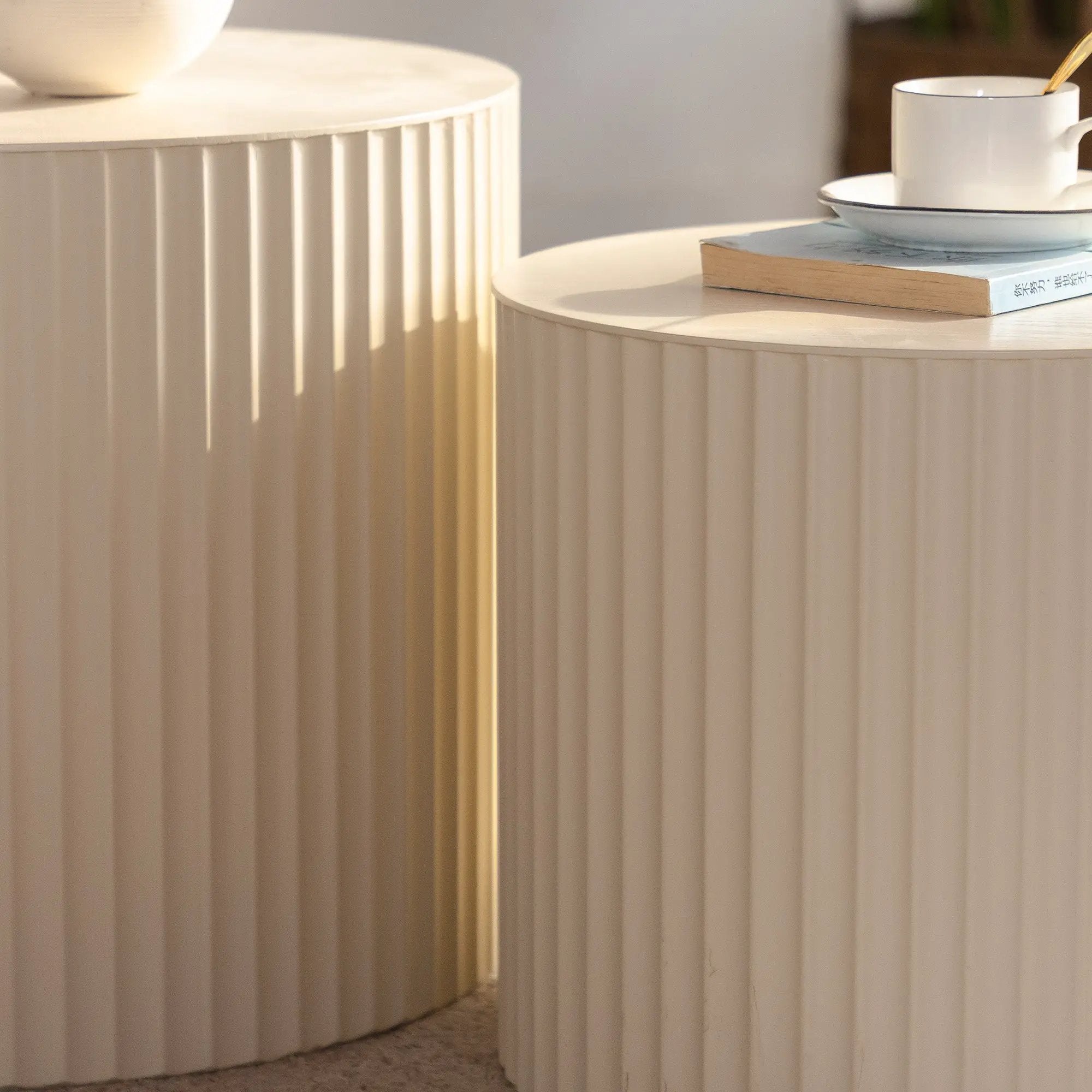 Beige Nesting Coffee Table Set of 2 Modern Drum Side Tables by HouseOfZazla