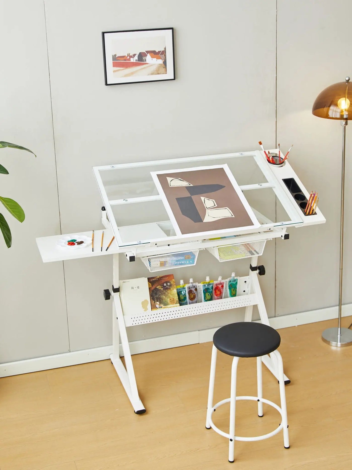Adjustable Tempered Glass Drafting Printing Table With Chair by Unique Piece Furniture