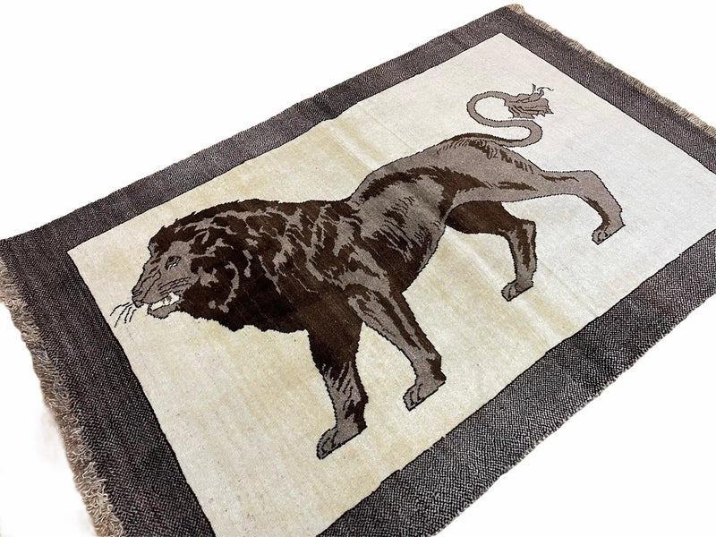 3 x 5 Handmade Rug Brown Beige Hand-Knotted Lion Rug New Vintage Quality Animal by Jewel Rugs