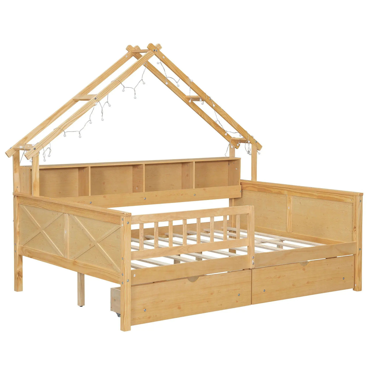House Style Platform Bed With LED Lights, Storage Shelves, Drawers, And Guardrail by HouseOfZazla
