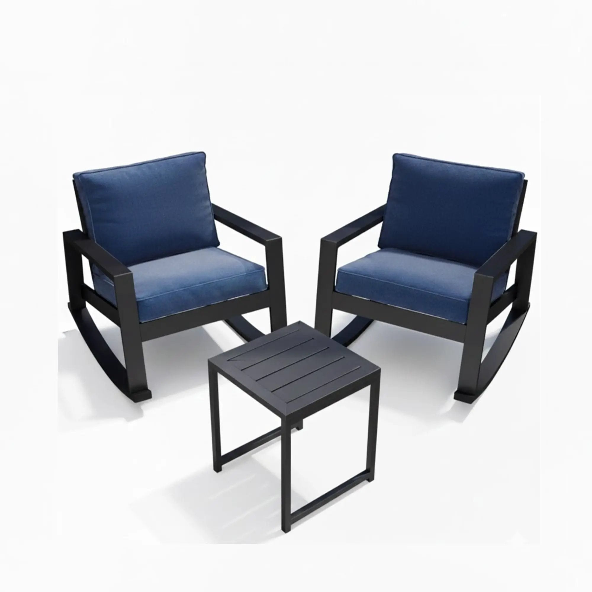 Outdoor Rocking Bistro Set Of 3, Oversized Rocking Chairs With Cushions And Side Table - Black / Blue by HouseOfZazla