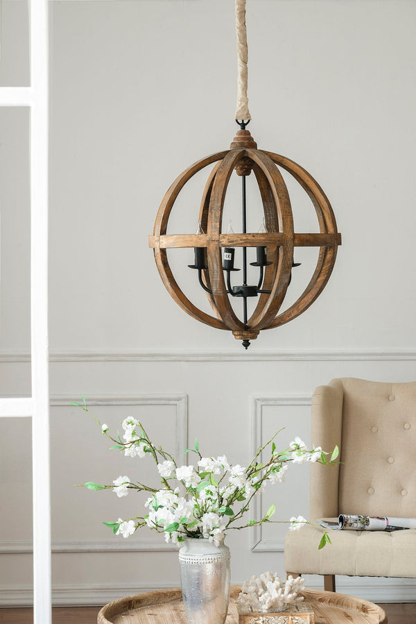 4 Light Wood Chandelier, Hanging Light Fixture With Adjustable Chain For Kitchen, Bulb Not Included - Brown