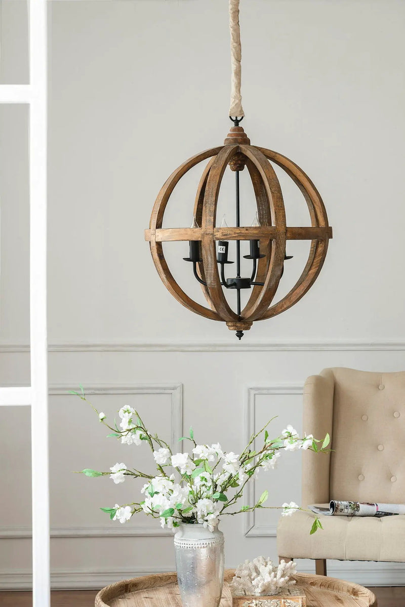 4 Light Wood Chandelier, Hanging Light Fixture With Adjustable Chain For Kitchen, Bulb Not Included - Brown by HouseOfZazla
