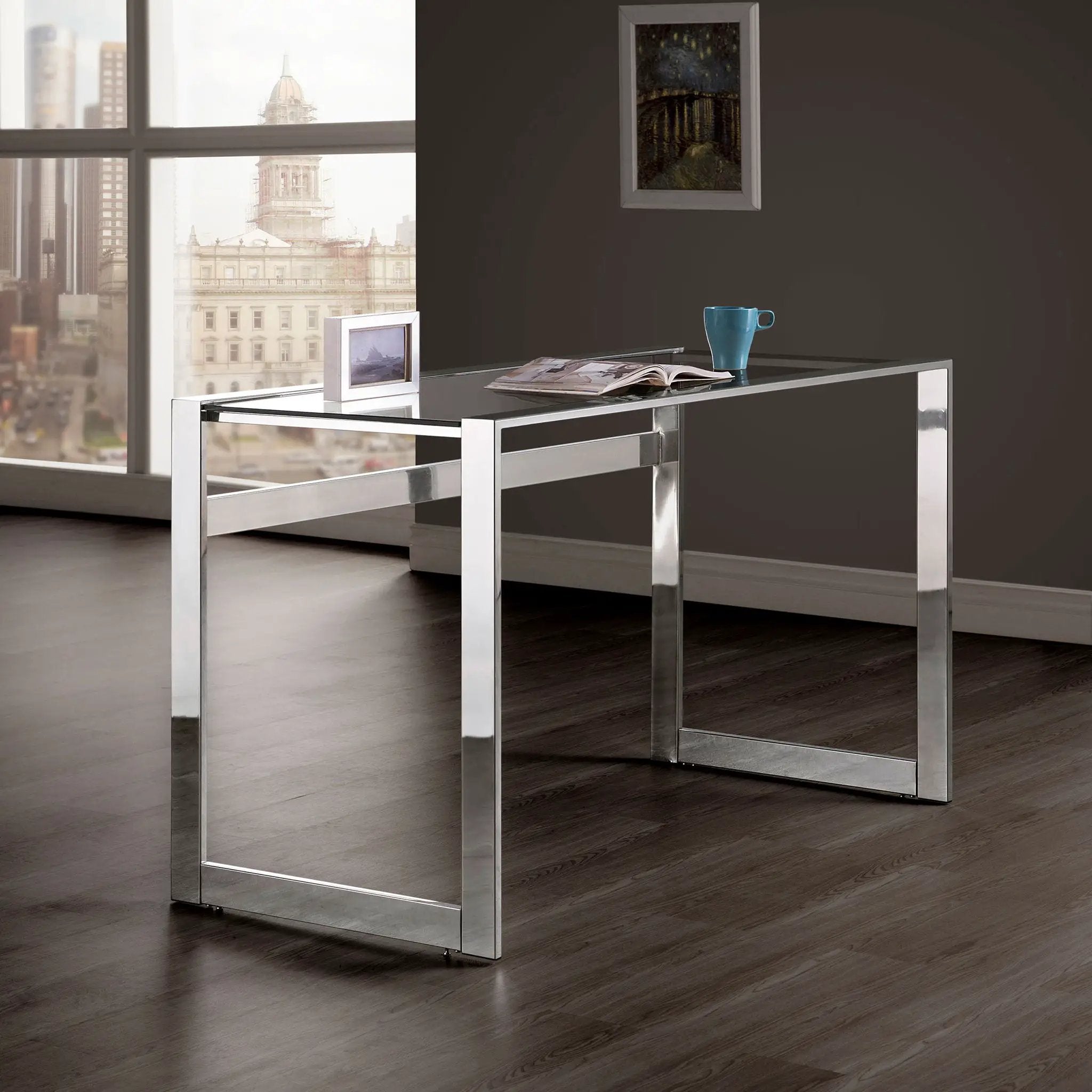 Hartford 47-inch Glass Top Writing Desk Chrome by Unique Piece Furniture