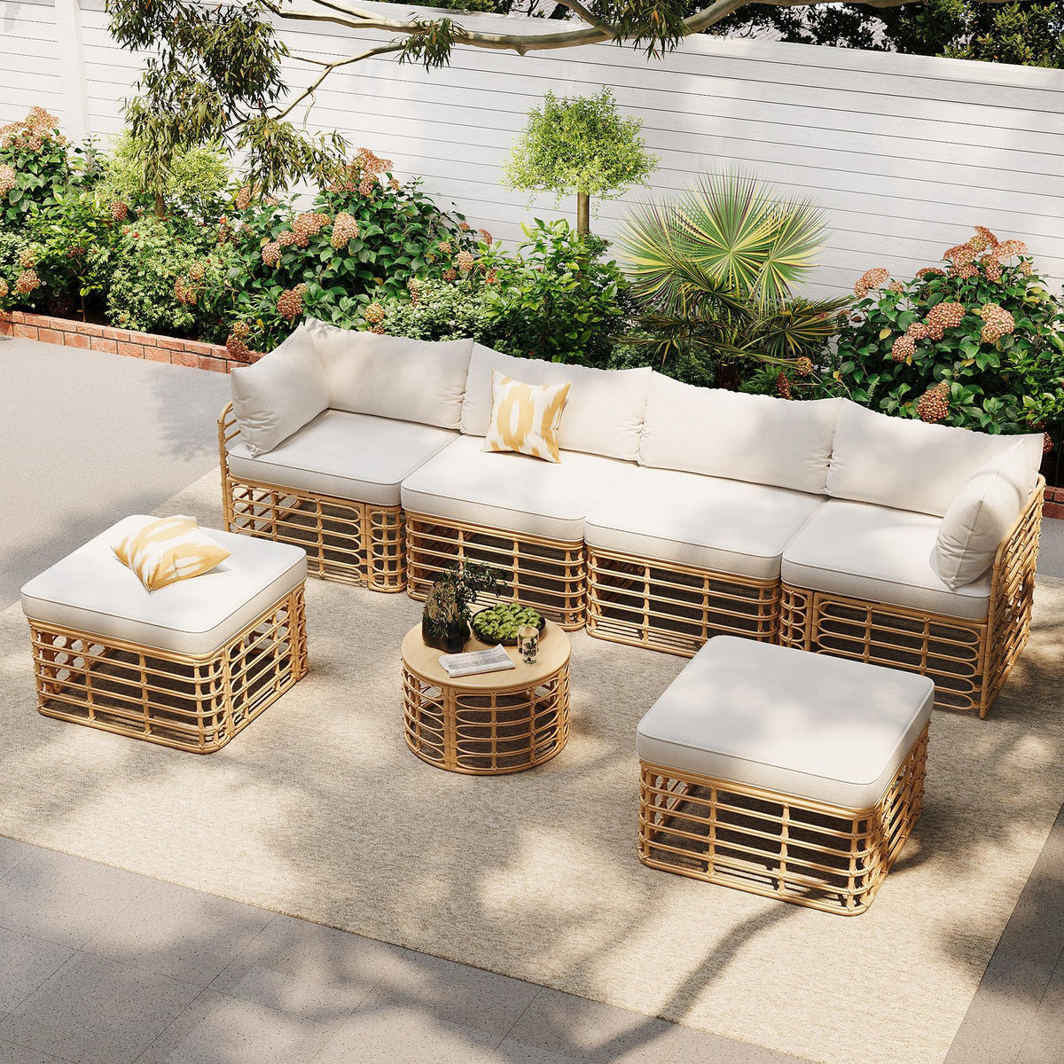 All-Weather 7-Piece Rattan Outdoor Sectional Sofa Set with Thick Cushions - Beige