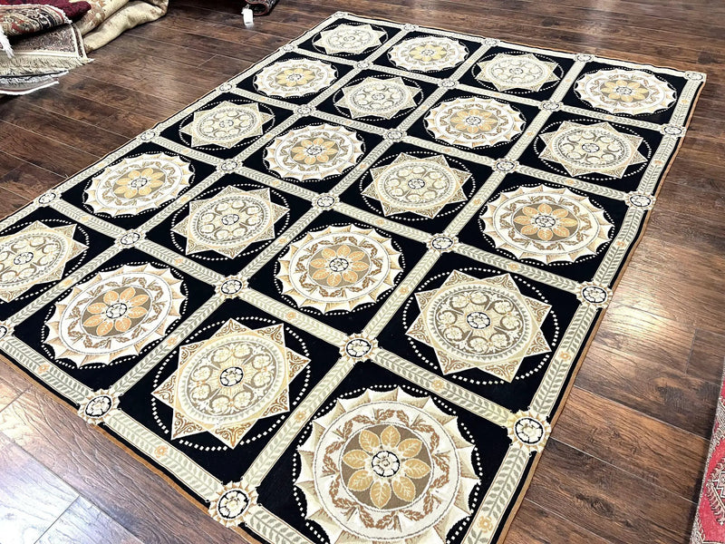 Needlepoint Rug 8x10, Black Tan Beige, Panel Design, Wool Handwoven Handmade Flatweave Needlepoint Carpet, Vintage French European Rug by Jewel Rugs