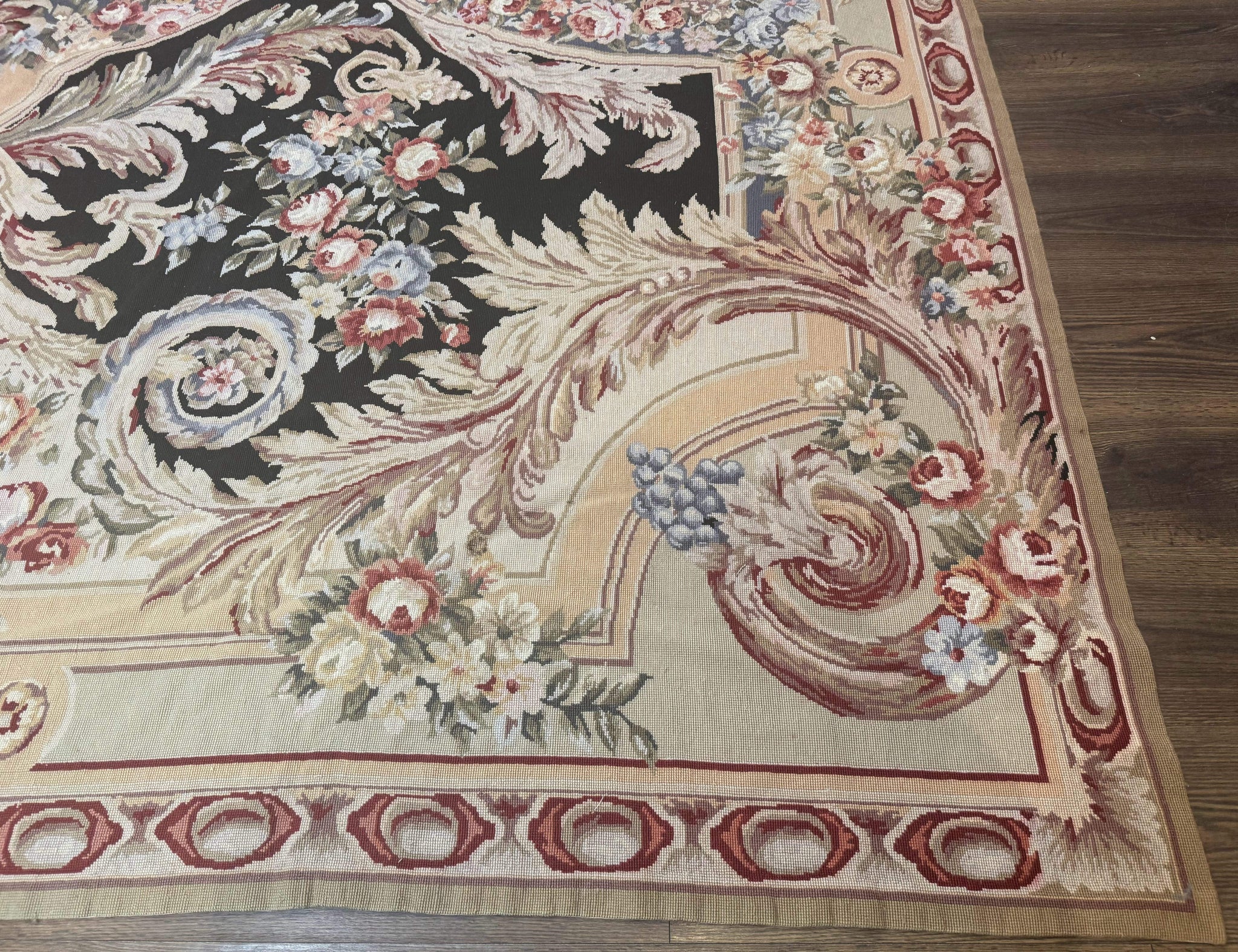 Wonderful Needlepoint Rug 10x14, Large Aubusson Carpet, Floral, Elegant, European Design by Jewel Rugs