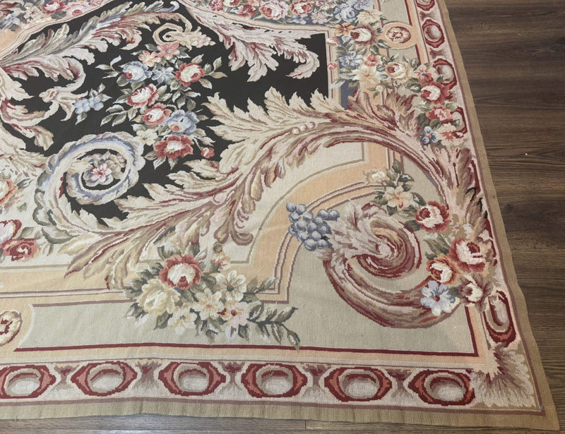 Wonderful Needlepoint Rug 10x14, Large Aubusson Carpet, Floral, Elegant, European Design by Jewel Rugs