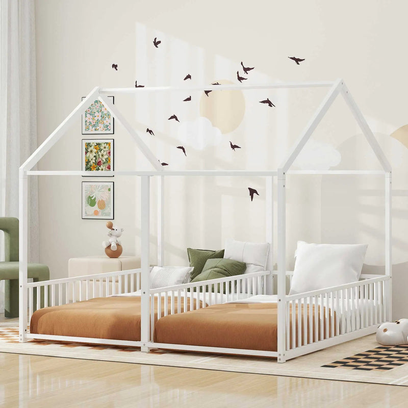 Metal Twin Size House Platform Beds 2 Shared Beds - Antique White by HouseOfZazla