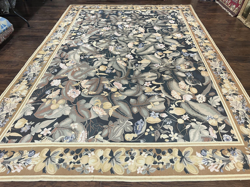 Large Needlepoint Rug 9x13, Handmade Wool Flatweave Vintage Rug, Leaves, Green by Jewel Rugs