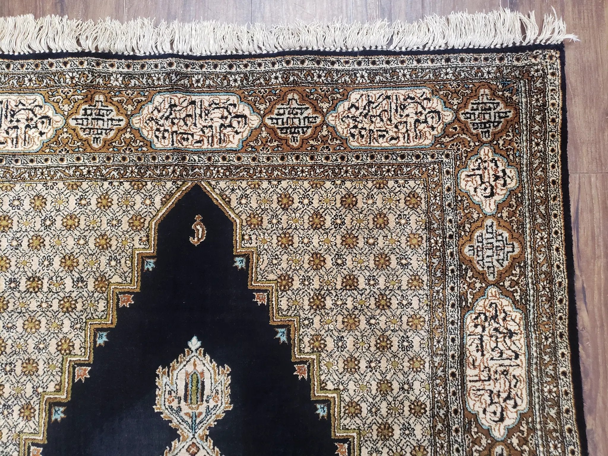 Persian Silk Qum Rug, Silk on Silk, Black Golden Brown and Beige, Hand-Knotted, 3'6" x 5' 5" by Jewel Rugs