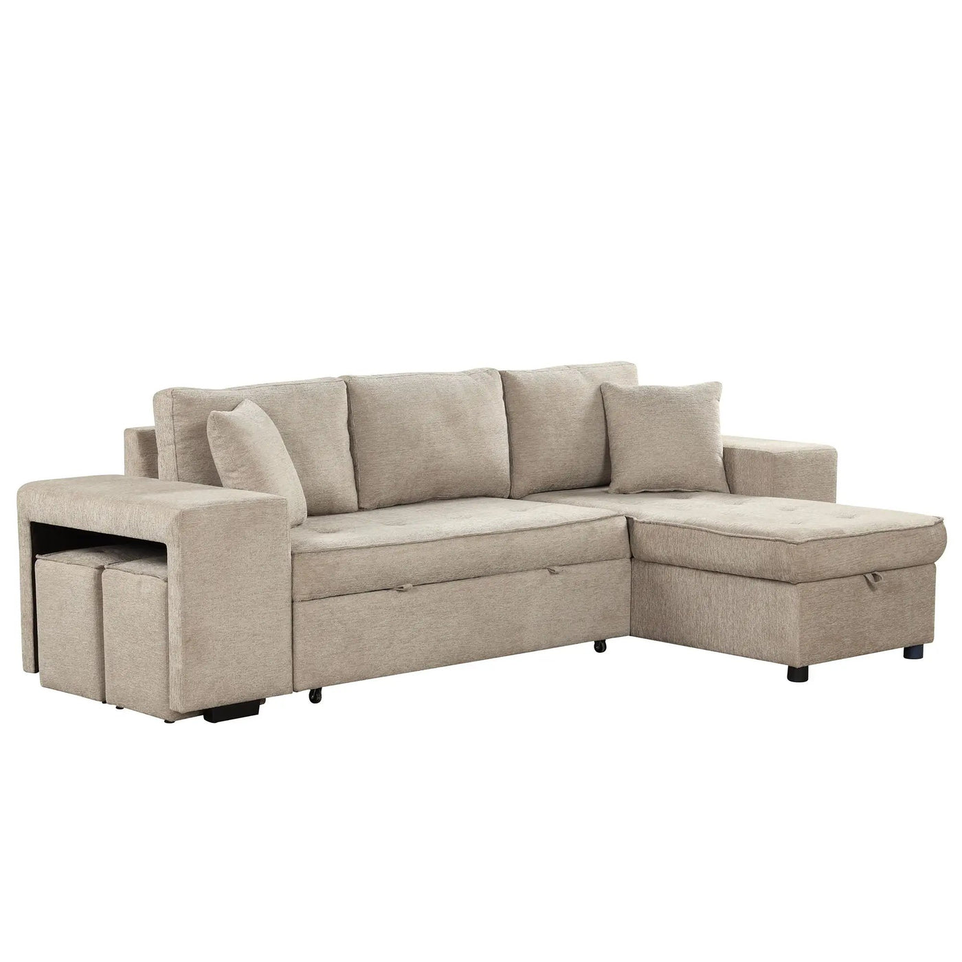 Modern L-Shape 3 Seat Reversible Sectional Couch, Pull Out Sleeper Sofa With Storage Chaise And 2 Stools For Living Room Furniture Set by Unique Piece Furniture