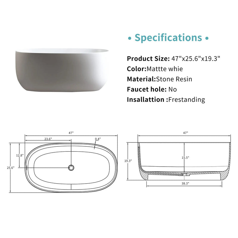 Independent Solid Surface Resin Stone Bathtub, A Modern Designed Independent Bathtub With Pop-Up Drainage And Overflow Pipes, Suitable For Small Households - Matte White by HouseOfZazla