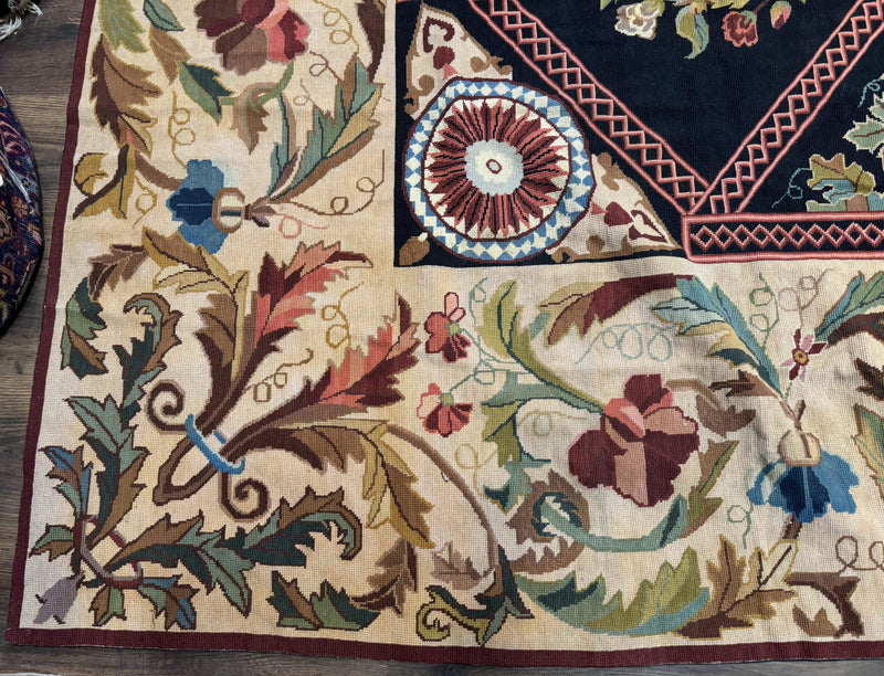 Palace Size Needlepoint Rug 12x20, European French English Aubusson Floral Design, Black and Beige by Jewel Rugs