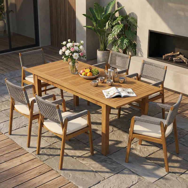 Outdoor 7 Pieces Rustic Patio Acacia Expandable Dining Set with Cushions by HouseOfZazla