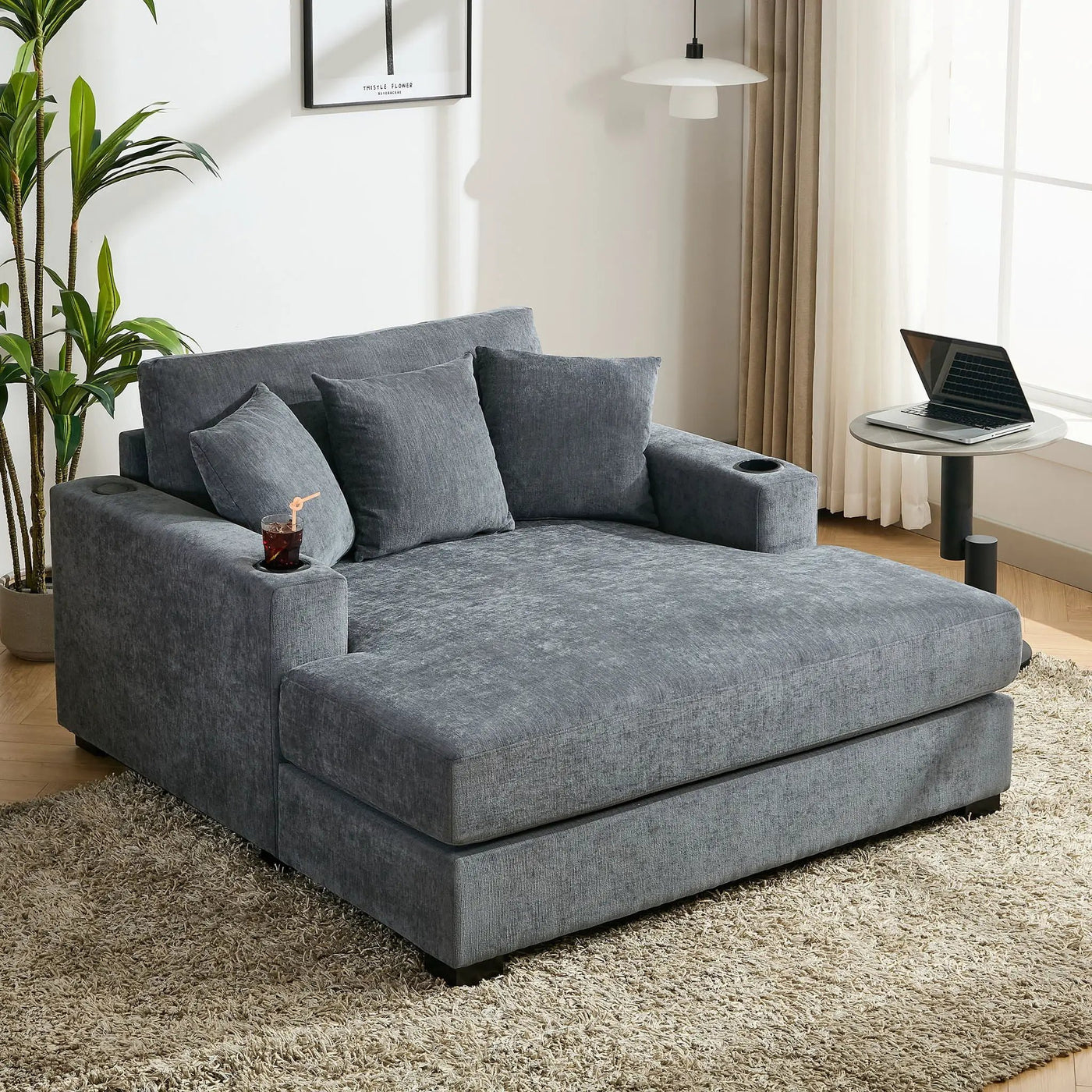 Oversized Chaise Lounger Modern Style Sofa Couch With Pillows, Charge Station & Cup Holders by HouseOfZazla