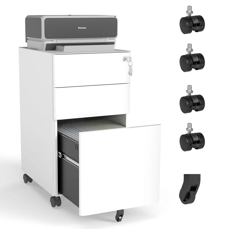 3-Drawer Mobile File Cabinet With Lock, On Wheels, Two Shallow & One Deep Drawer For Office/Home, Fully Assembled - White by Unique Piece Furniture