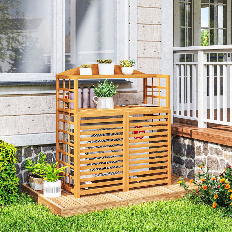 Outsunny Wood Air Conditioner Fence, Outdoor Privacy Screen Potting Table with Shelves by HouseOfZazla
