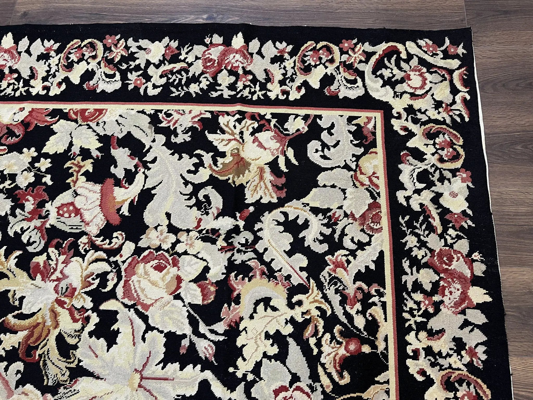 Wool Needlepoint Rug 9x12, William Morris Vintage Chinese Needlepoint Carpet 9 x 12, Handwoven, Allover Floral Area Rug, Black Light Green by Jewel Rugs