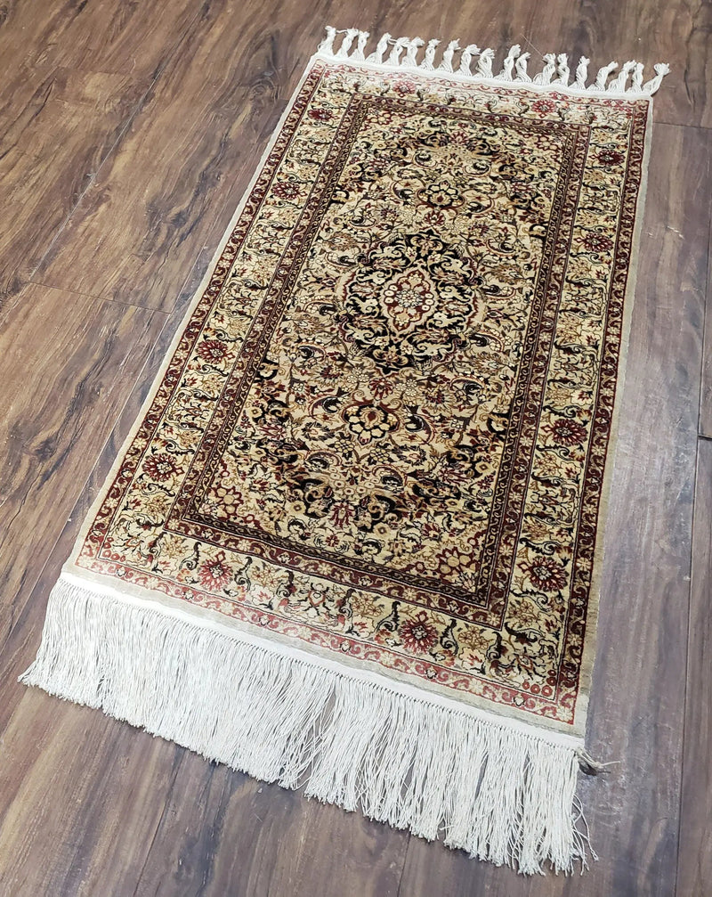 Silk Oriental Rug 1' 7" x 3', Very Fine Silk Carpet, Small Silk Rug, Traditional Floral Medallion, Hand-Knotted Cream Beige Vintage Silk Rug by Jewel Rugs