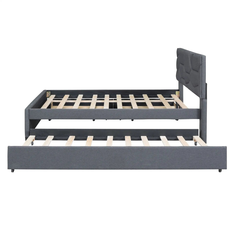 Upholstered Platform Bed With Brick Pattern Headboard And Twin Long Size Trundle by Unique Piece Furniture