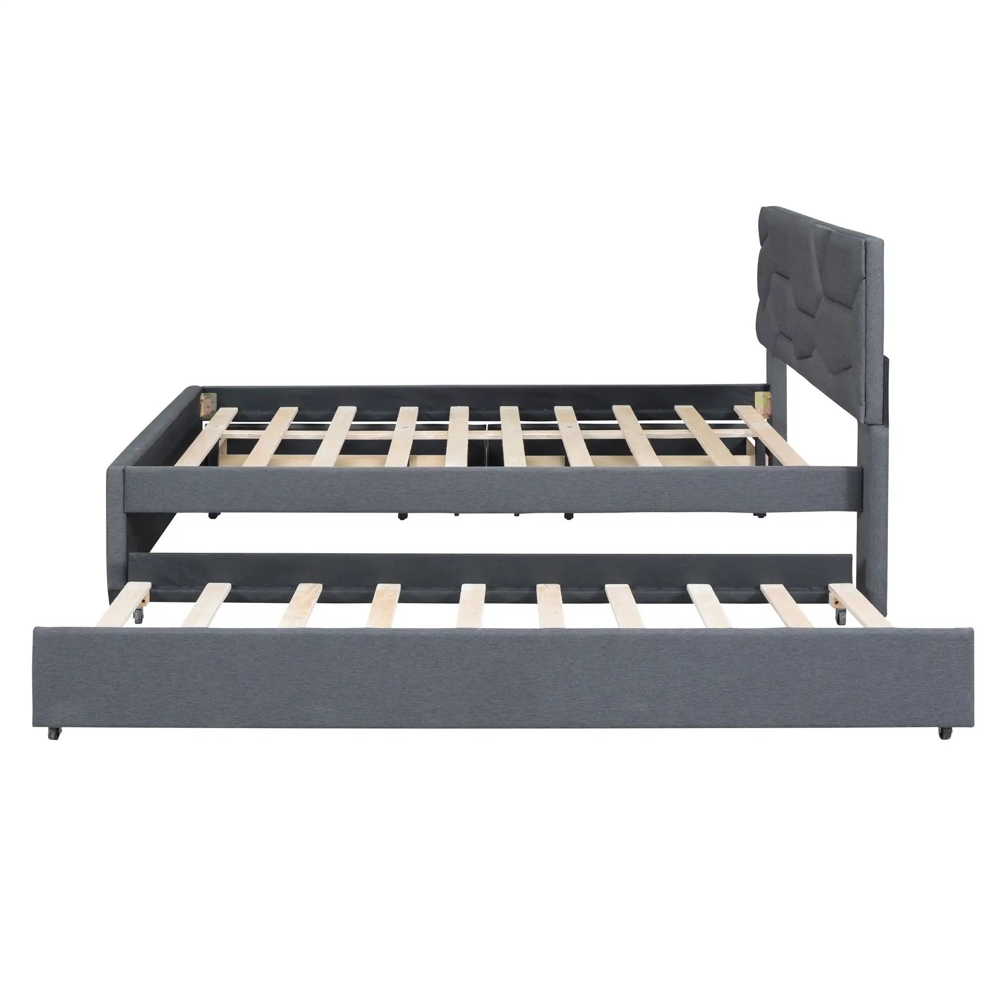 Upholstered Platform Bed With Brick Pattern Headboard And Twin Long Size Trundle by HouseOfZazla