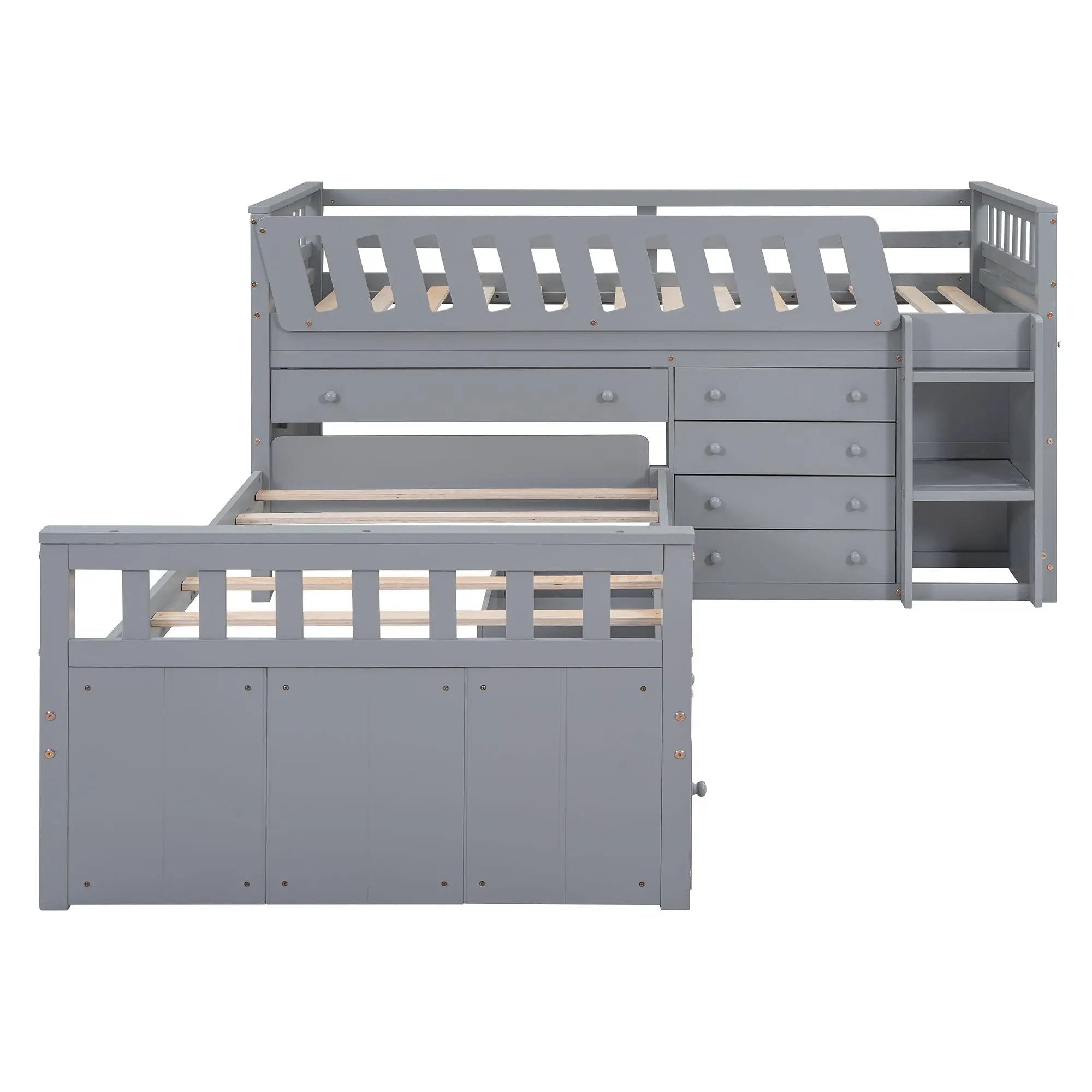 Loft Platform Bed With 7 Drawers And Full Guardrails, Modern L Shaped Space Savin by HouseOfZazla