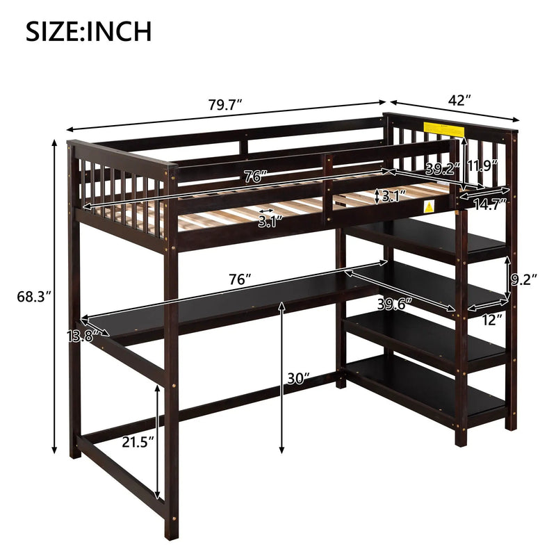 Loft Bed With Storage Shelves And Under Bed Desk