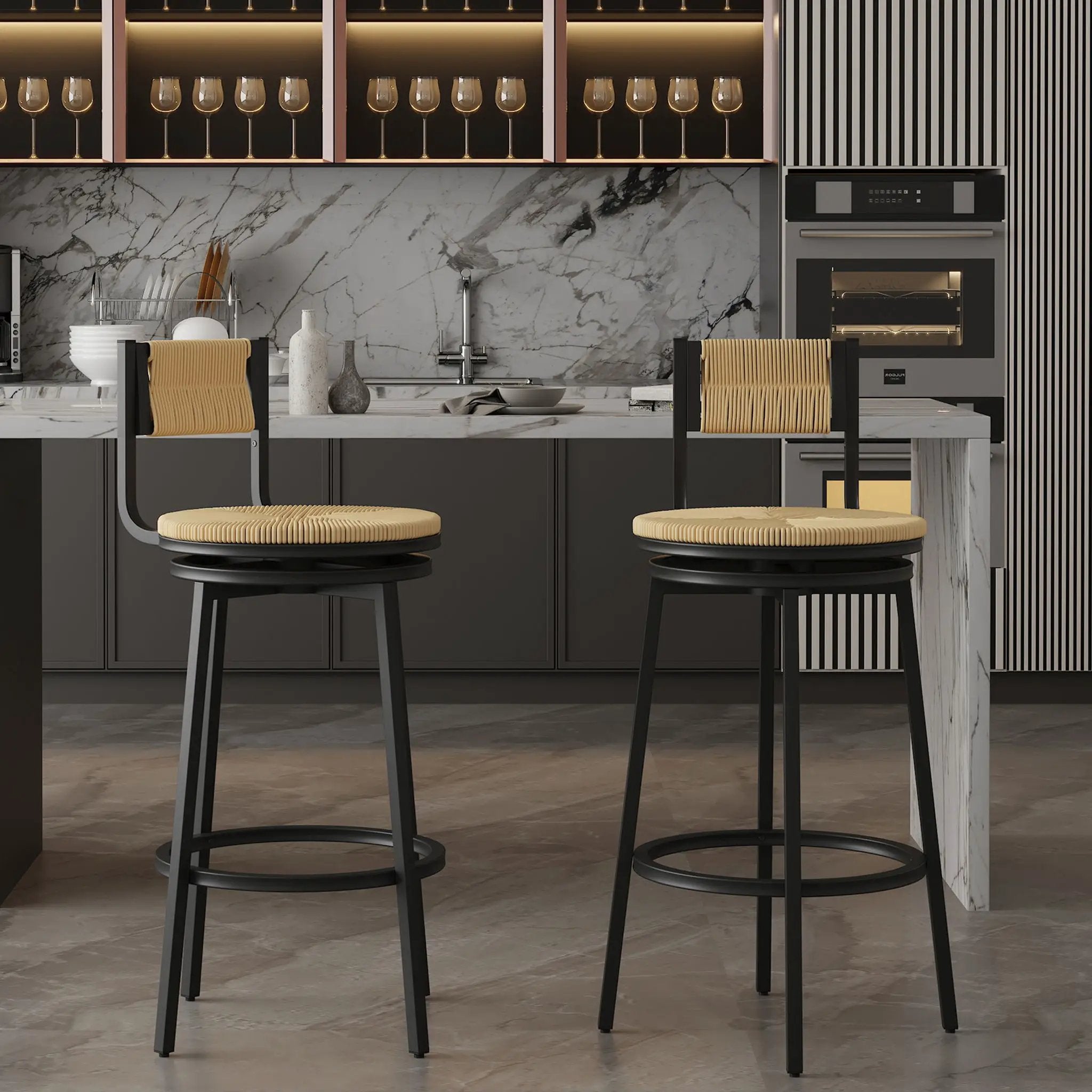 Bar Stools Swivel Counter Chairs With Metal Frame Hand Woven Paper Rope Dining Barstools For Kitchen Counter (Set of 2) by Unique Piece Furniture