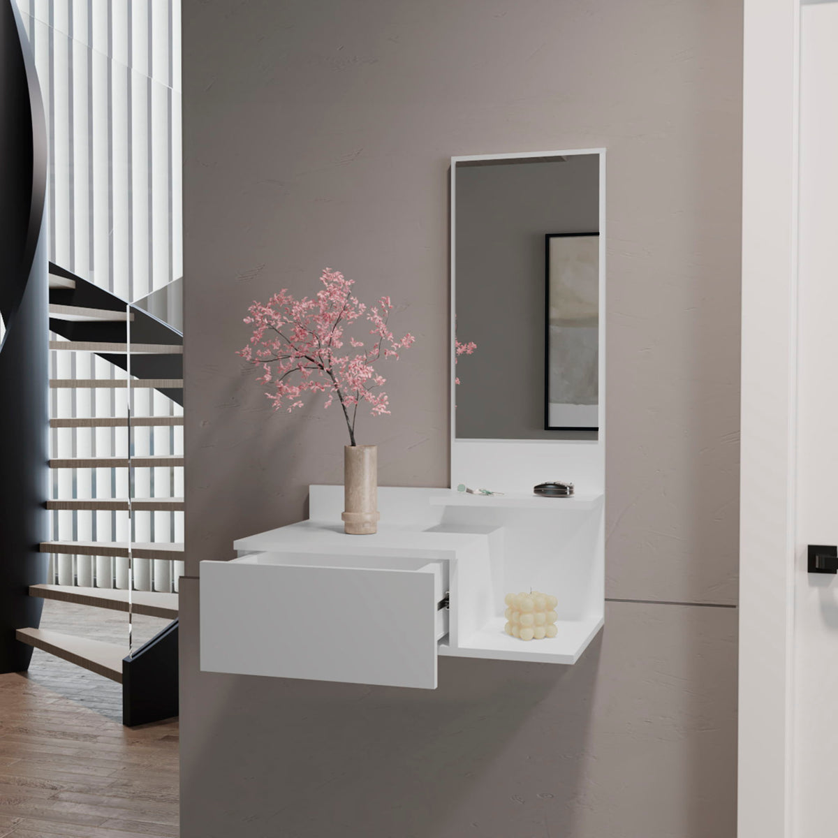 Lowell Floating Hallway Cabinet with Mirror and Storage - White or Black, photo 14 of 16