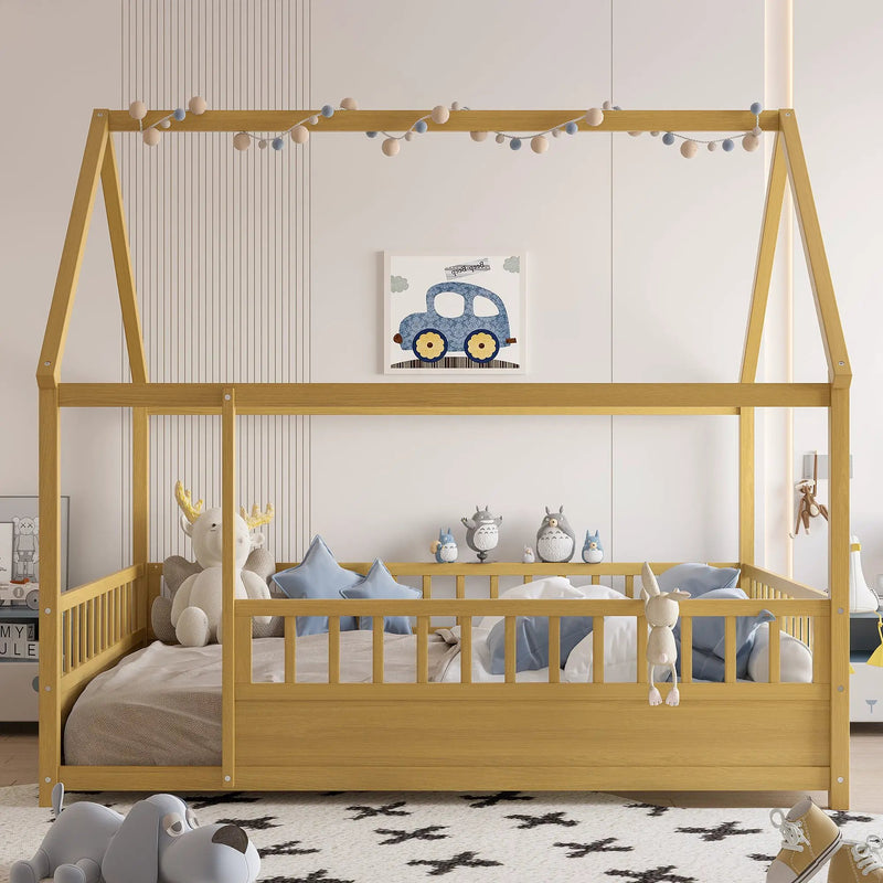 Full Size Wooden Bed with House Roof Frame by HouseOfZazla