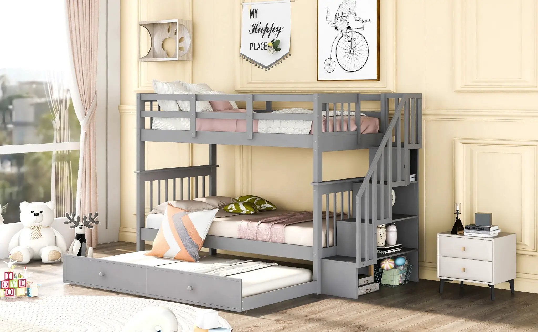 Stairway Bunk Bed With Storage And Guard Rail For Bedroom by HouseOfZazla