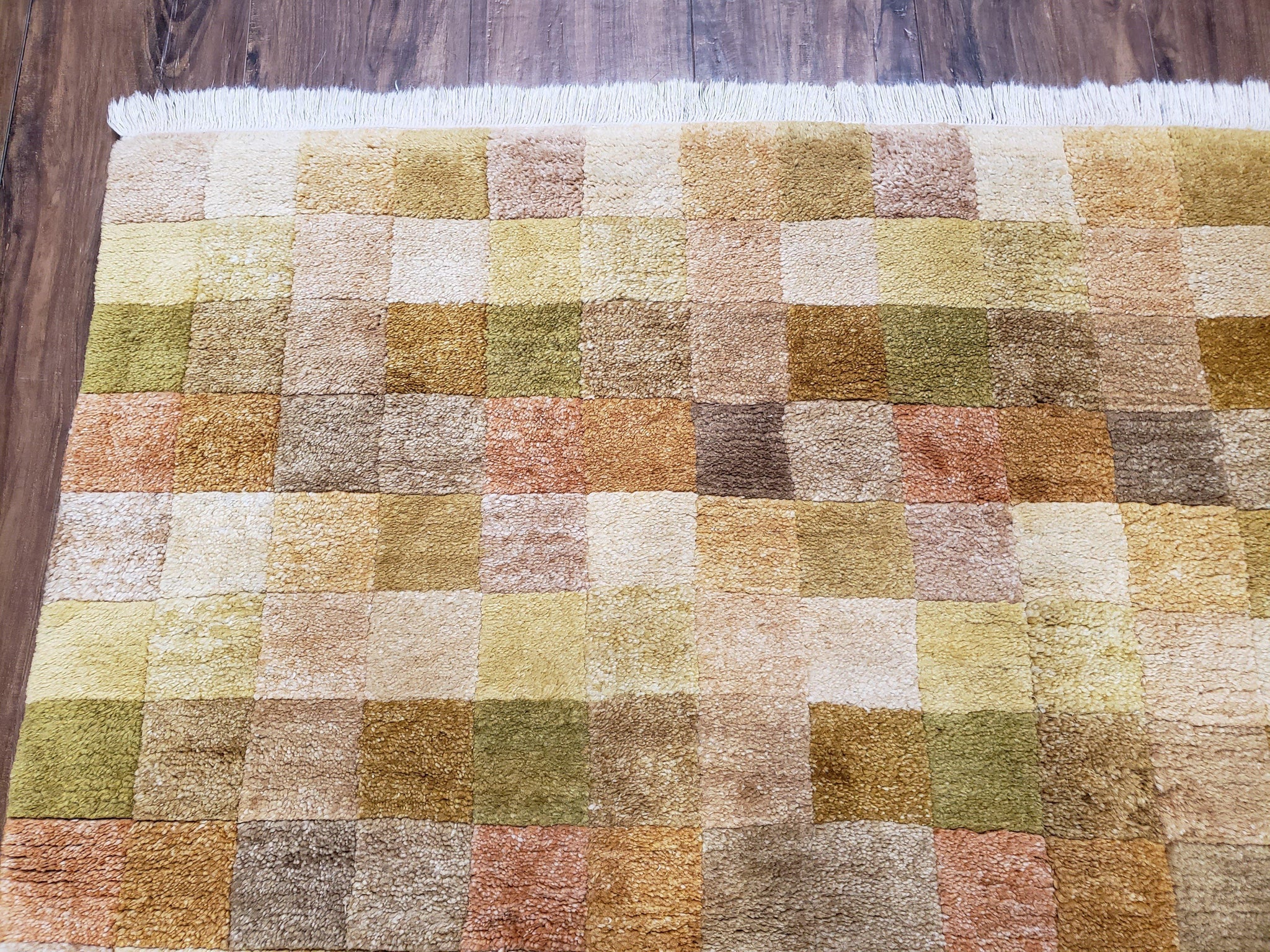 4x6 Tibetan Rug, Modern Abstract Handmade Area Rug, Checkerboard Pattern, Neutral Ivory Gold Tan Colors, Soft Pile, Mid Sized Rug, Nepali by Jewel Rugs